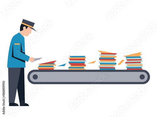 An inspector examines sorted paper stacks on a conveyor belt. A clean, modern illustration depicting quality control. Bright colors and clear composition.