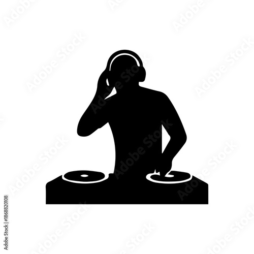 Dj silhouette playing music mixing on turntables