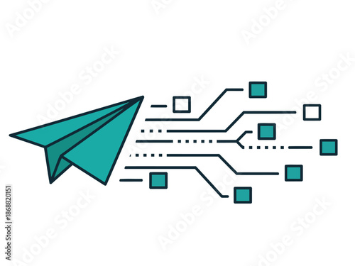A teal paper airplane intersects with a circuit board network, symbolizing logistics connectivity. Modern, clean design with a focus on digital communication and global reach.