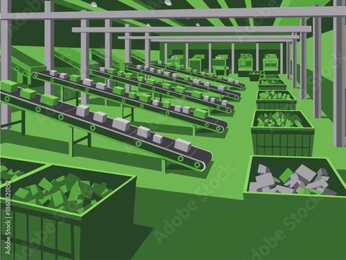 A stylized rendering showcases a vibrant recycling center interior with conveyor belts and sorting bins.  Bold green hues and geometric shapes create a modern, efficient visual.
