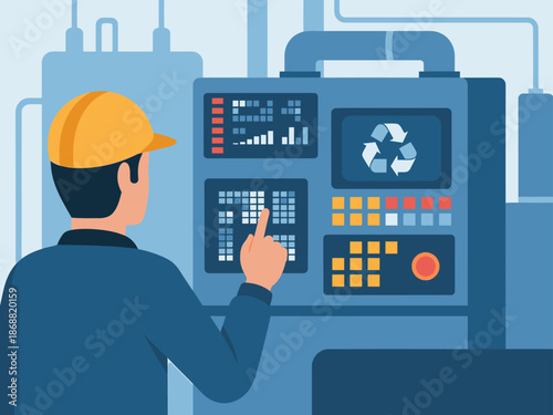 A technician monitors a recycling plant control panel, analyzing data with a digital display. Focused on efficiency and sustainability. Modern industrial setting.