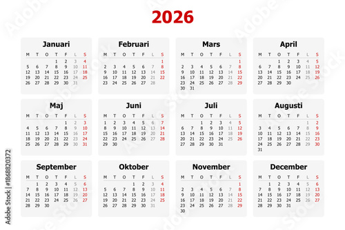 Vector illustration of modern Swedish calendar for year 2026 in Sweden