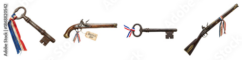 Bastille Day symbols set with antique key and flintlock pistol isolated on black