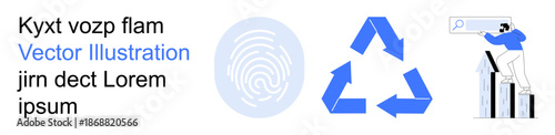Data security, recycling, technology growth, eco-friendly solutions, business analysis, digital tools. Fingerprint icon, recycling symbol person analyzing growth. Data security and recycling