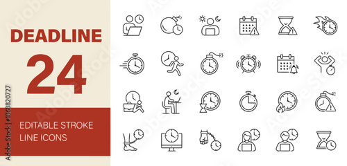 Set of Deadline Themed Icons Illustrating Time Pressure and Urgency Editable Stroke Perfect for Project Management and Productivity Tools Isolated on White