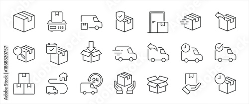 Set of Delivery Icons in Outline Style Representing Shipping and Logistics for E-Commerce Business Vector Isolated on White Background With 20 Different Design Elements