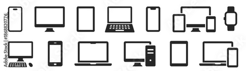 Set of devices icons in flat design including smartphone computer tablet laptop and smartwatch representing digital technology gadgets and responsive solutions up to 200 ch
