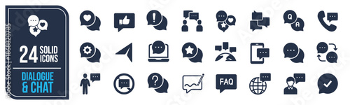 Set of Dialogue and Chat Icons Solid Style Pictogram Symbols Collection Such as Speech Bubble Communication Question Answer Faq and Other Conversation Signs Vector Illustration