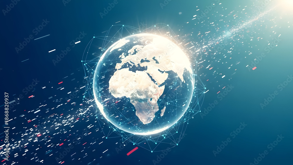 Obraz premium A glowing globe centered on africa with radiant light and particles on a dark blue background