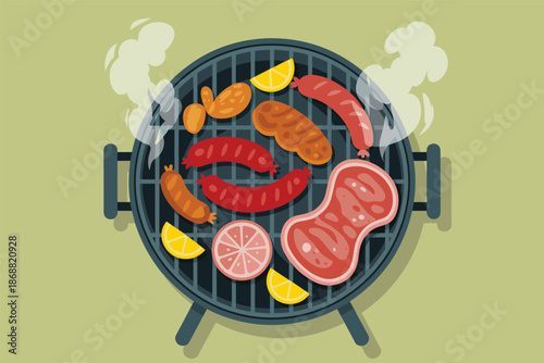Delicious Barbecue Cookout on a Grill with Meats and Lemons, outdoor cooking concept