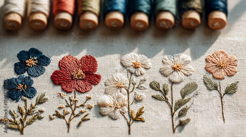 Embroidery tutorial, pattern sketch, first stitches, finished design, neutral fabric and pastel threads.