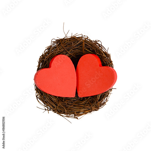Red Hearts Display, Cozy Composition Of Twin Scarlet Hearts Nestled Among Rustic Twigs On Bright Background