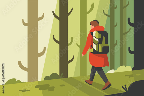 Hiker with Backpack Walking Through a Serene Forest Path, eco tourism concept
