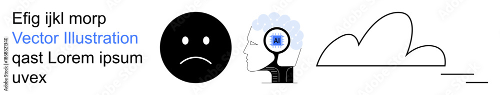 Fototapeta premium Emotions, mental health, analysis, psychology concepts, cloud storage, digital processing. A sad face, human head with brain magnified and a cloud icon. Mental health and analysis concepts