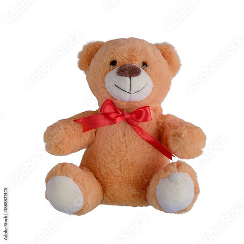 Cuddly Teddy Present, Brown Plush Toy With Ribbon, Adorable Soft Teddy Bear Featuring Ribbon On Plain Background