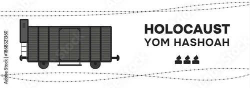 Holocaust Yom Hashoah memorial symbol with candles and Railcar on white bg. Vector illustration	