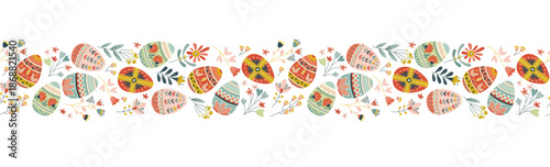 Seamless Easter border of textured hand drawn eggs in Scandinavian folk style Decorative vector pattern with chalk texture for wrapping paper, festive fabric, stationery, social media banner