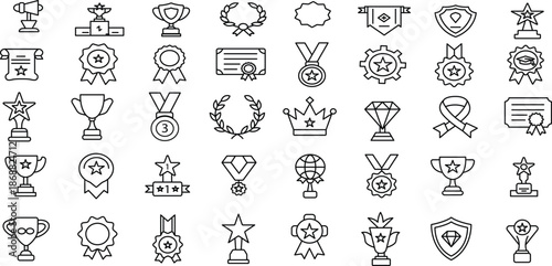 Awards line icons set. Trophy cup, medal, winner prize, achievement and success vector symbols.