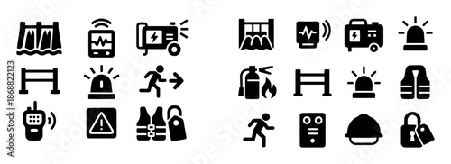 Set of disaster prevention and alert icons representing potential dangers and emergency response. vector illustration