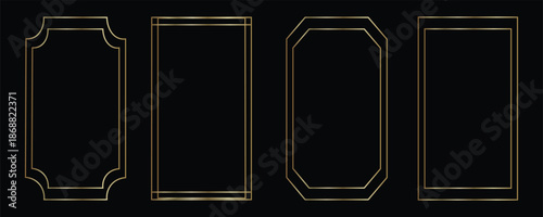 Thin golden frame set. Gold geometric border collection in art deco style. Thin linear shining rectangular shape bundle