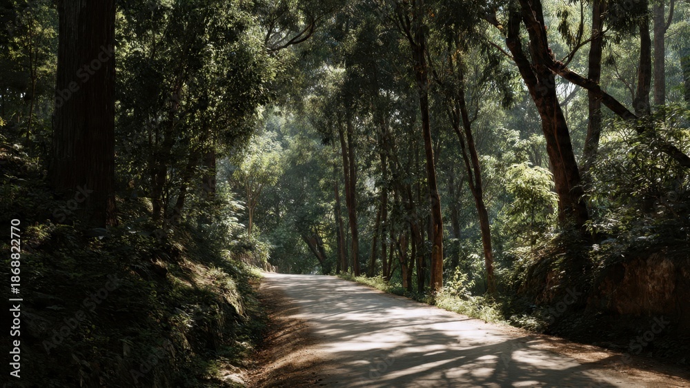 Fototapeta premium Sunlit Road Through Lush Green Forest