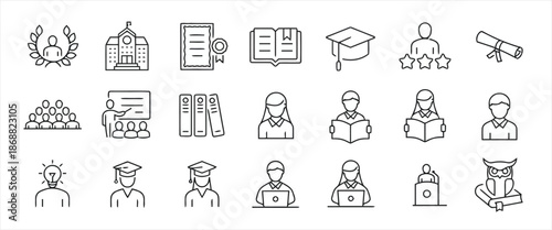 Set of Education School Learning Study Vector Line Icons as Graduation Book Diploma Student Knowledge University Teacher Online Course and Scholarship
