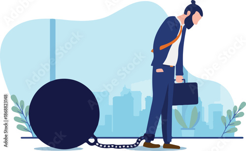 Work problem - Sad business person being held back by chain with ball attached to leg. Career challenge and mischief concept