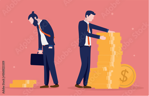 Pay gap between men - Two businessmen with different salary and income. Unfair pay and inequality concept.