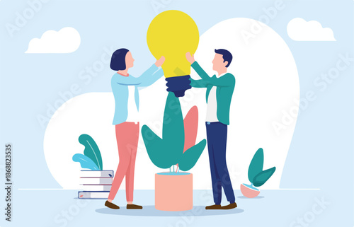 Growing small business - Two people, man and woman with idea for business growth. Brainstorm and teamwork concept. Vector illustration