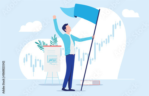 Casual businessman holding raised flag and hand in air in front of rising stock market chart. Business progress, growth and success concept. Vector illustration