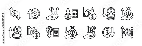 Set of Finance Investment Graph Currency Economy Stock Exchange Money Bank Vector Icon in Outline Style Price Increase Decrease Analysis Isolated on White Background