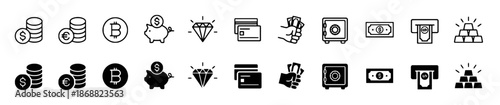 Set of Financial and Money Icons in Line and Solid Style Currency Exchange Payment Methods Safe and Investment Symbols for Website Mobile App and Infographics Isolated Vector