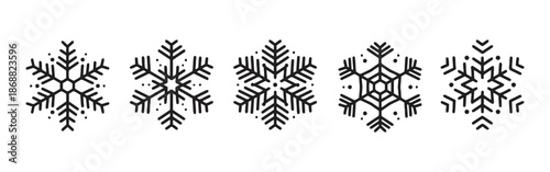 Set of Five Unique Ornamental Snowflake Vector Illustration Designs for Winter Holidays and Festive Season Celebration Isolated on White Background with Various Style and Detail
