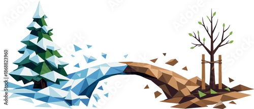 Seasonal Transition Bridge. Low-poly vector illustration focused on the transition of seasons shown as a bridge between a