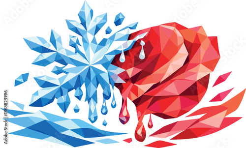 Snowflake to Rose Transformation. Low-poly vector illustration focused on the symbolic melting of a snowflake into a rose petal,