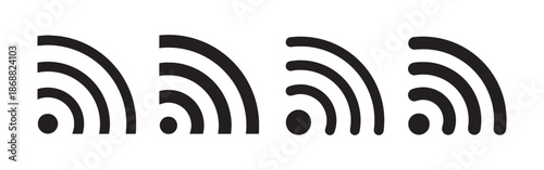 Set Of Four Curved Wifi Signal Icons Isolated On White Background Representing Wireless Connectivity And Internet Access Showing Different Levels Of Signal Strength In User Interfaces