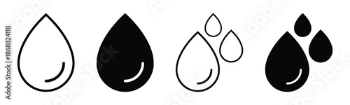 Set of four water droplets of different shapes and styles