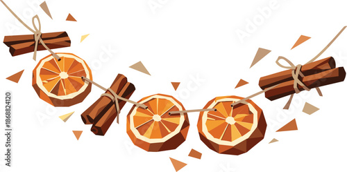 Eco Garland Illustration. Low-poly vector illustration focused on an eco-friendly garland crafted from dried oranges and cinnamon