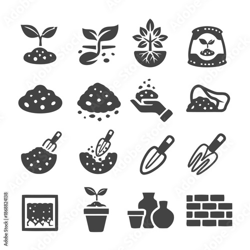 Set of Garden Soil and Growing Related Icons Isolated on White Background