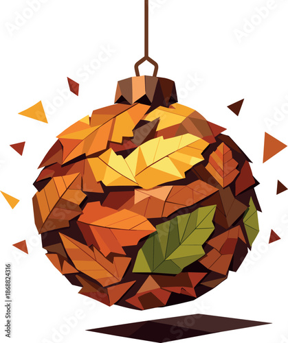 Eco-Friendly Leaf Ornament. Low-poly vector illustration focused on a natural New Year bauble made of compressed fallen leaves and