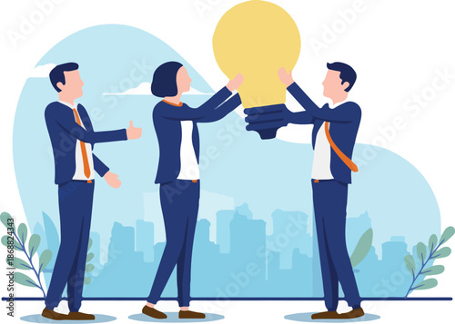 Business idea teamwork - Three people having a workshop standing, coming up with great ideas..