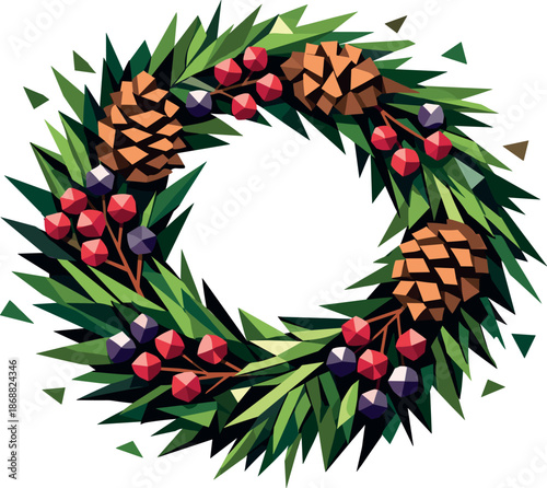 Eco-Friendly Wreath Art. Low-poly vector illustration focused on an environmentally friendly door wreath made from evergreen