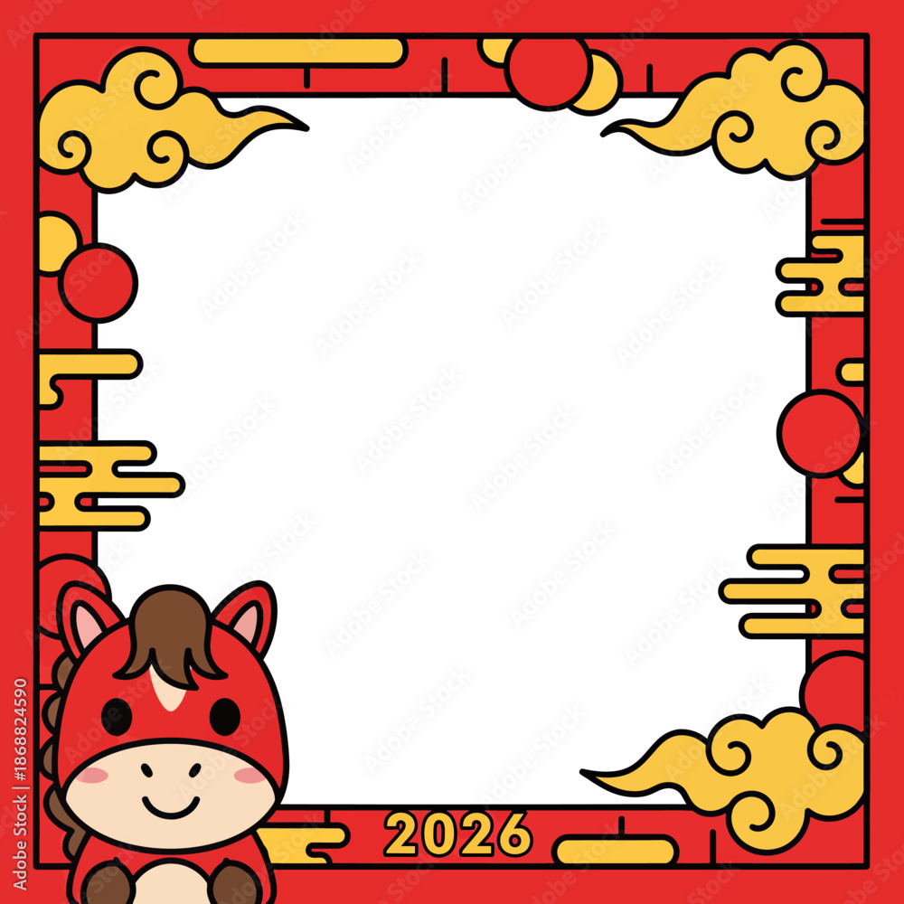 Fototapeta premium Cute Cartoon Horse Character with Chinese New Year Decorations and Year 2026. Lunar New Year Vector Illustration. EPS Editable