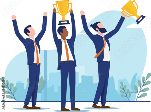 Diverse business team winning award - Group of businessmen standing with arms raised winning trophy and celebrating. Teamwork winners concept