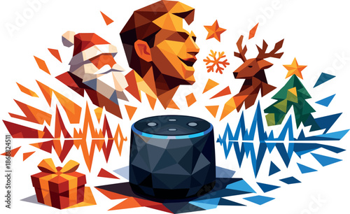 Festive Voice Assistant. Low-poly vector illustration focused on a digital voice assistant concept reading festive stories in the