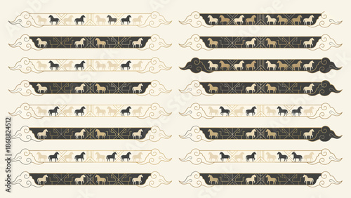 Collection of Decorative HorseThemed Ribbons and Banners. Lunar New Year Vector Illustration. EPS Editable