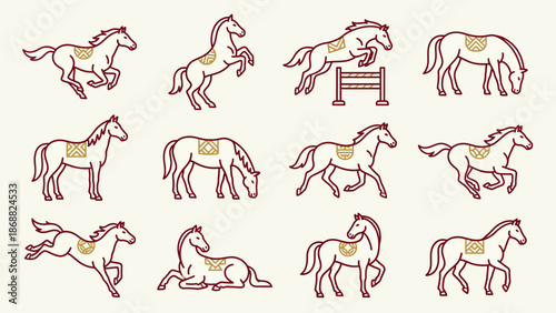 Collection of Horse Poses and Actions in a Stylized Drawing. Lunar New Year Vector Illustration. EPS Editable