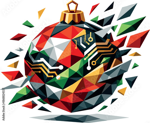 Futuristic NFT Ornament. Low-poly vector illustration focused on an NFT Christmas ornament that changes its design every year,