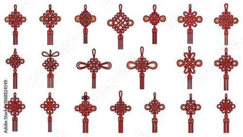 Collection of Traditional Chinese Knots in Red Color. Lunar New Year Vector Illustration. EPS Editable