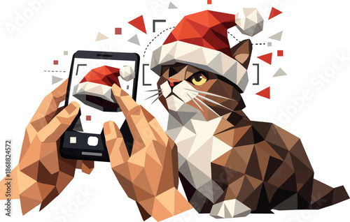 AR Cat with Santa Hat. Low-poly vector illustration focused on an AR application placing a virtual Santa hat onto a domestic cat,